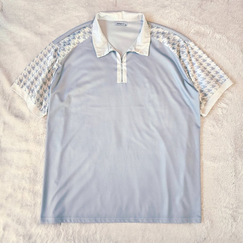 Hawalili Men's Polo Shirt Stand-up Collar Zipper Closure Houndstooth Pattern 4XL